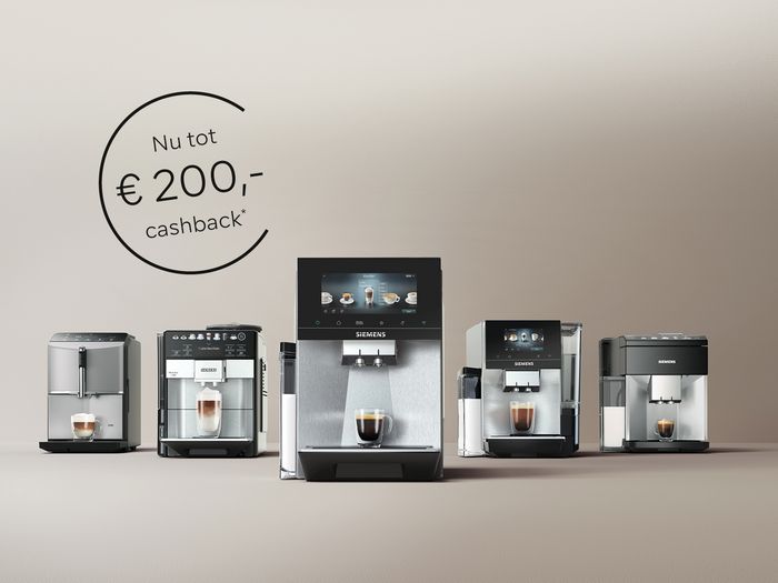 Vijf Siemens volautomatische espressomachines op een rij, nu tot &euro;200,- cashback.