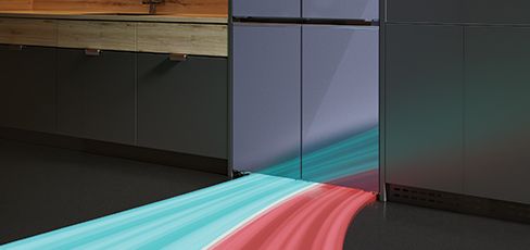 The base of a refrigerator with blue and red light trails extending onto the floor, representing airflow.  