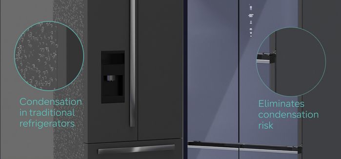 Side-by-side comparison showing "Condensation in traditional refrigerators" on the left and "Eliminates condensation risk" on the right, next to a Siemens refrigerator.