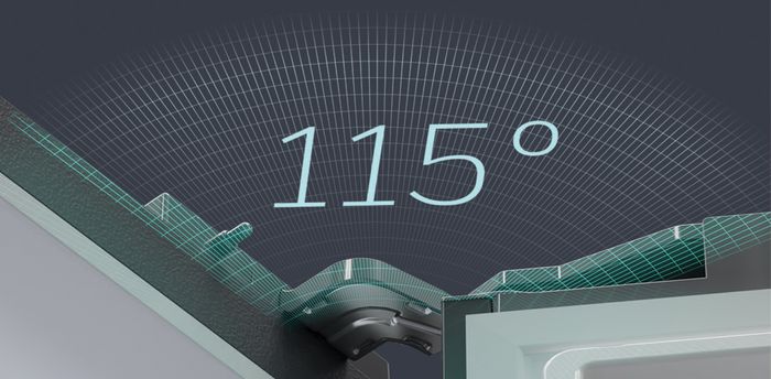 A close-up of a refrigerator door hinge showing a 115-degree opening angle.