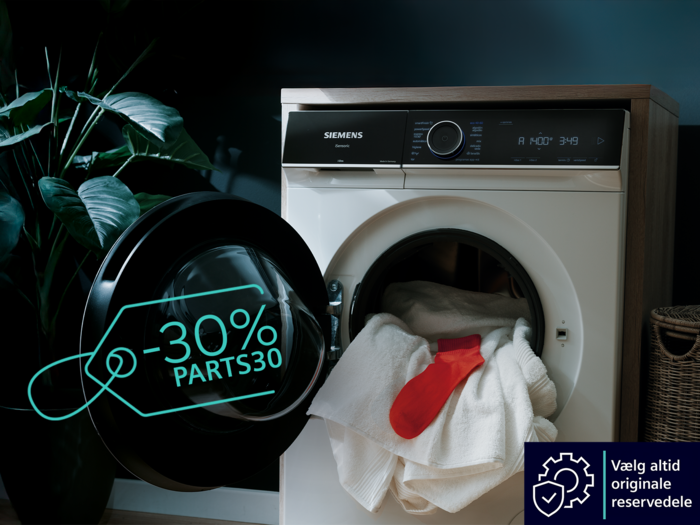 Hvid Siemens vaskemaskine med en r&oslash;d sok i. Tekst: -30% p&aring; reservedele med koden PARTS30.