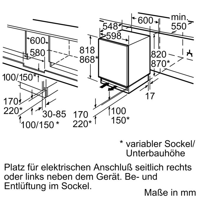N 50 Unterbau-Kühlschrank 82 x 60 cm Flachscharnier K4316X6 K4316X6-4