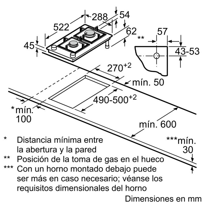 Placa modular de gas 30 cm Cristal vitrocerámico, Negro 3ETG632HB 3ETG632HB-9