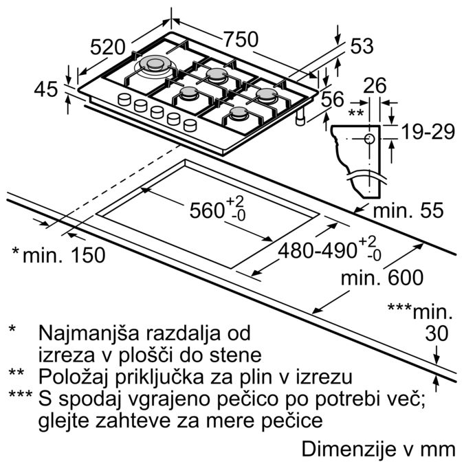 N 70 Plinska kuhalna plošča 75 cm Nerjaveče jeklo T27DS79N0 T27DS79N0-7