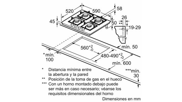 Placa de gas 60 cm Cristal templado, Negro 3ETG394NP 3ETG394NP-2