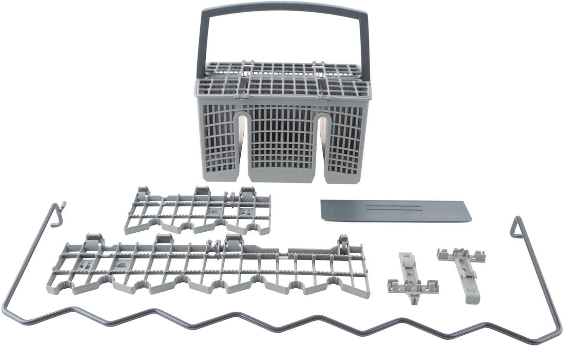 Lower crockery basket silver, 6 flip tines, handle, flip tray, cutlery basket 11018806 for single parts see 3VS6660BA/01 (page 7 exploded drawing) 20002904 20002904-3