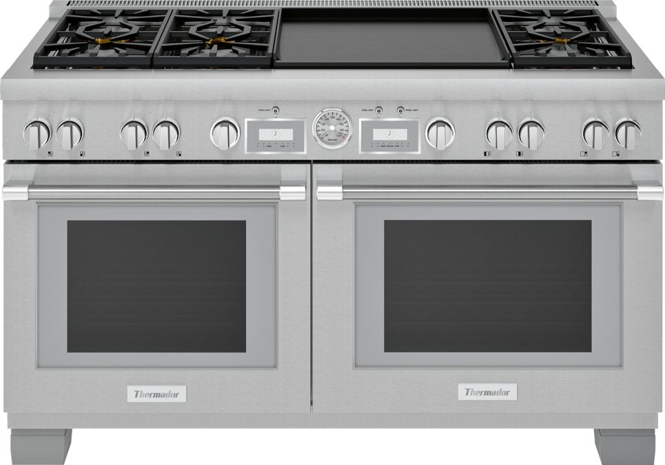 Therma-Tek TMD60-6-24RGB-2 60 Gas Restaurant Range w/ (6) Open Burners,  24 Raised Griddle/Broiler Right, (2) Standard Ovens, 295.000 BTU