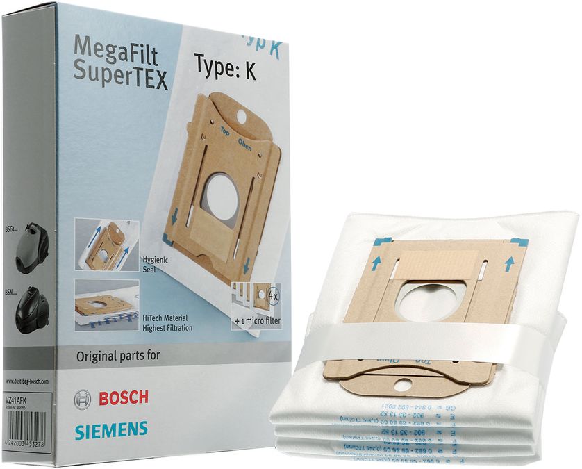 Vacuum cleaner bag Type K 4 Type K MEGAfilt® SuperTEX vacuum cleaner bags + 1 Micro-hygiene filter 00468265 00468265-1