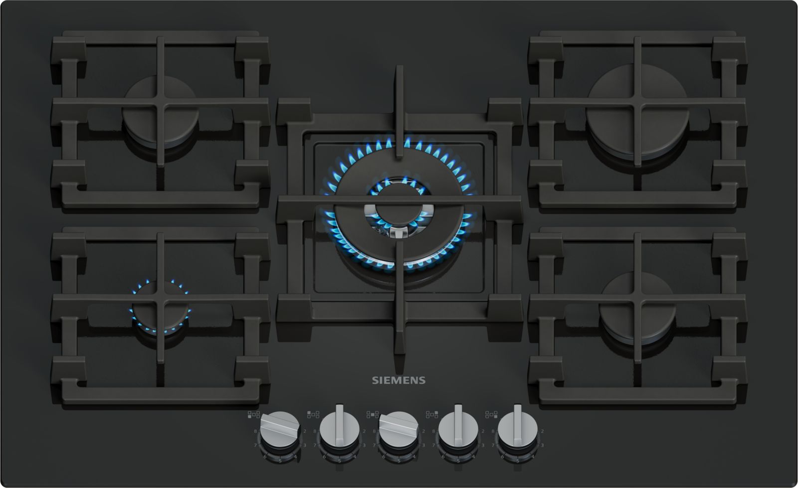 כיריים גז Siemens EP7A6QI40Y iQ500 75 ס"מ זכוכית שחורה - 5 מבערים ומבער ווק מרכזי 4kW