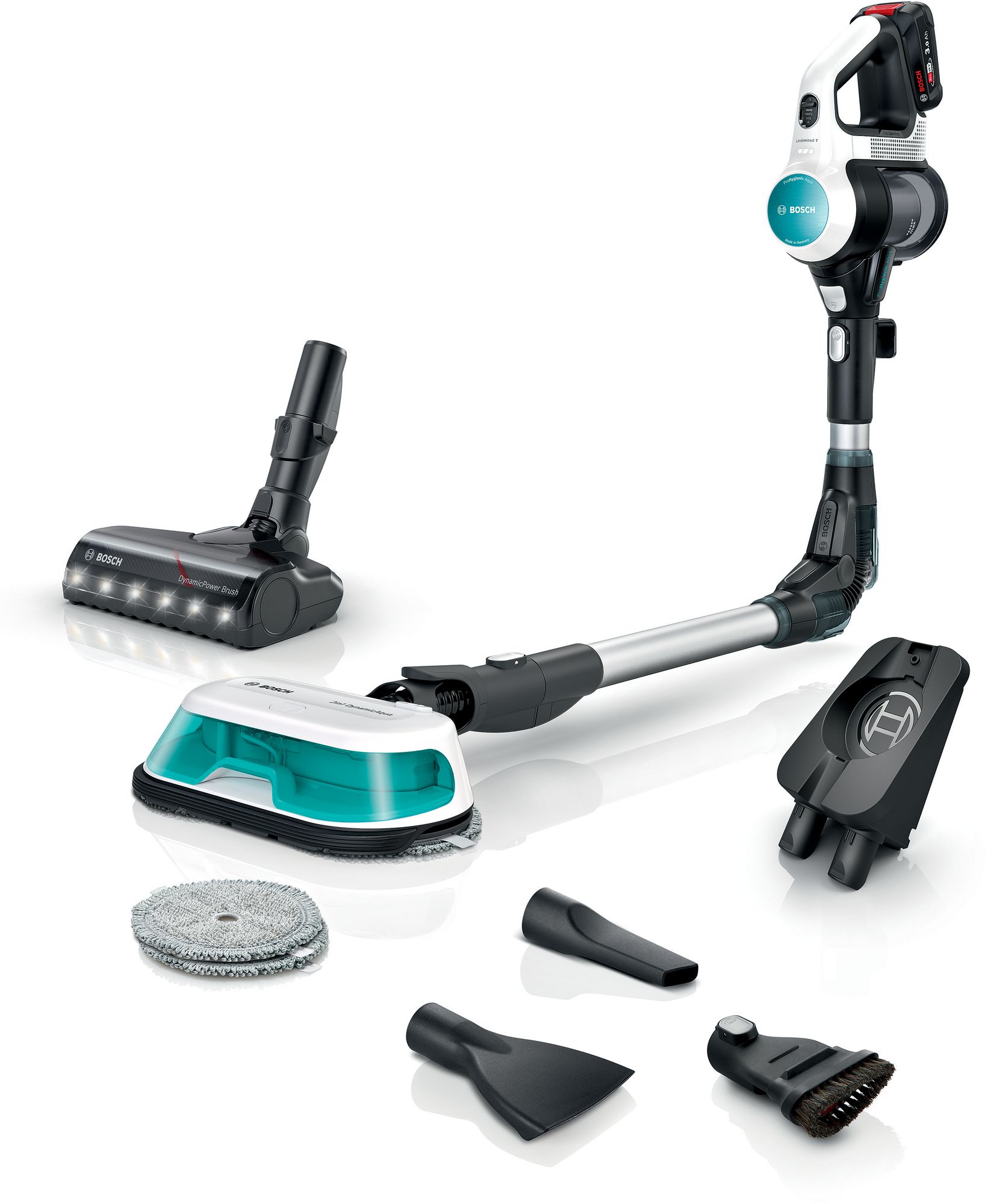Bosch Sladdlös 2 i 1 Dammsugare och Mopp Unlimited 7 ProHygienic Aqua Vit BCS71HYG2
