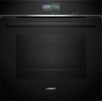 A sleek black Siemens oven featuring a digital display showing cooking settings and a timer for preparing fruit crumble.