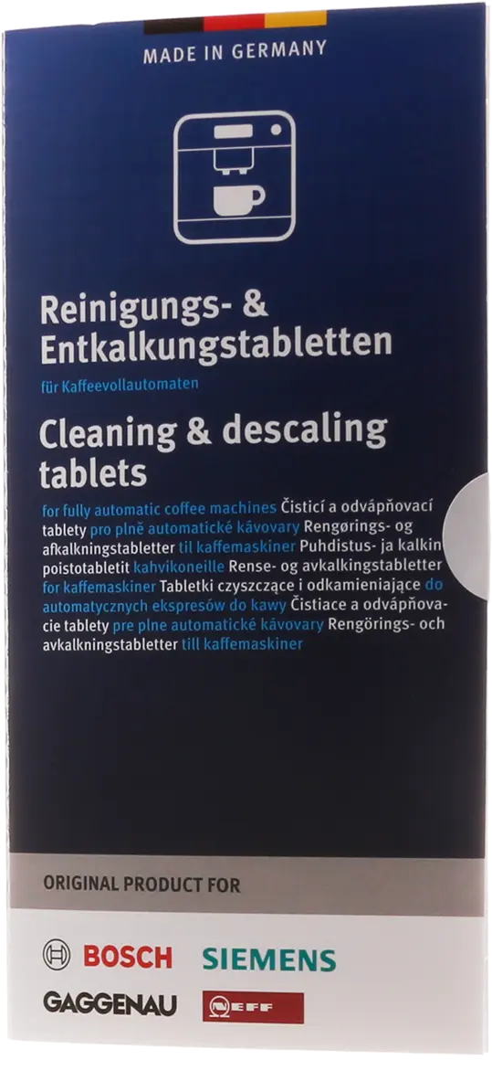 00312318PflegesetReinigungs-undEntkalkungstablettensamplefürKaffeevollautomatenRegionNORD(Sprachen:de,en,cs,da,fi,no,pl,sk,sv)