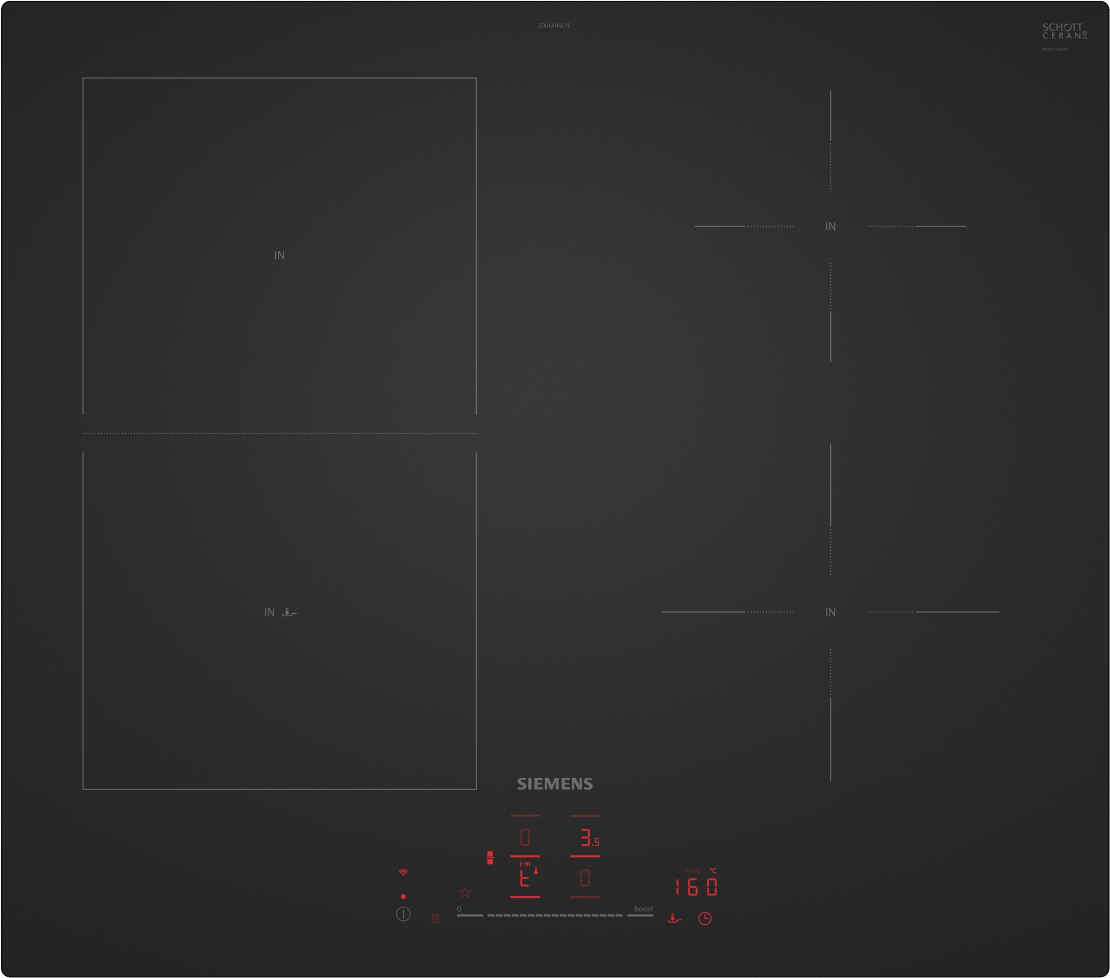 Plan de cuisson Siemens ED61AHSC1E — Table de cuisson à induction, 60 cm, Noir mat sans cadre, Home Connect, combiZone