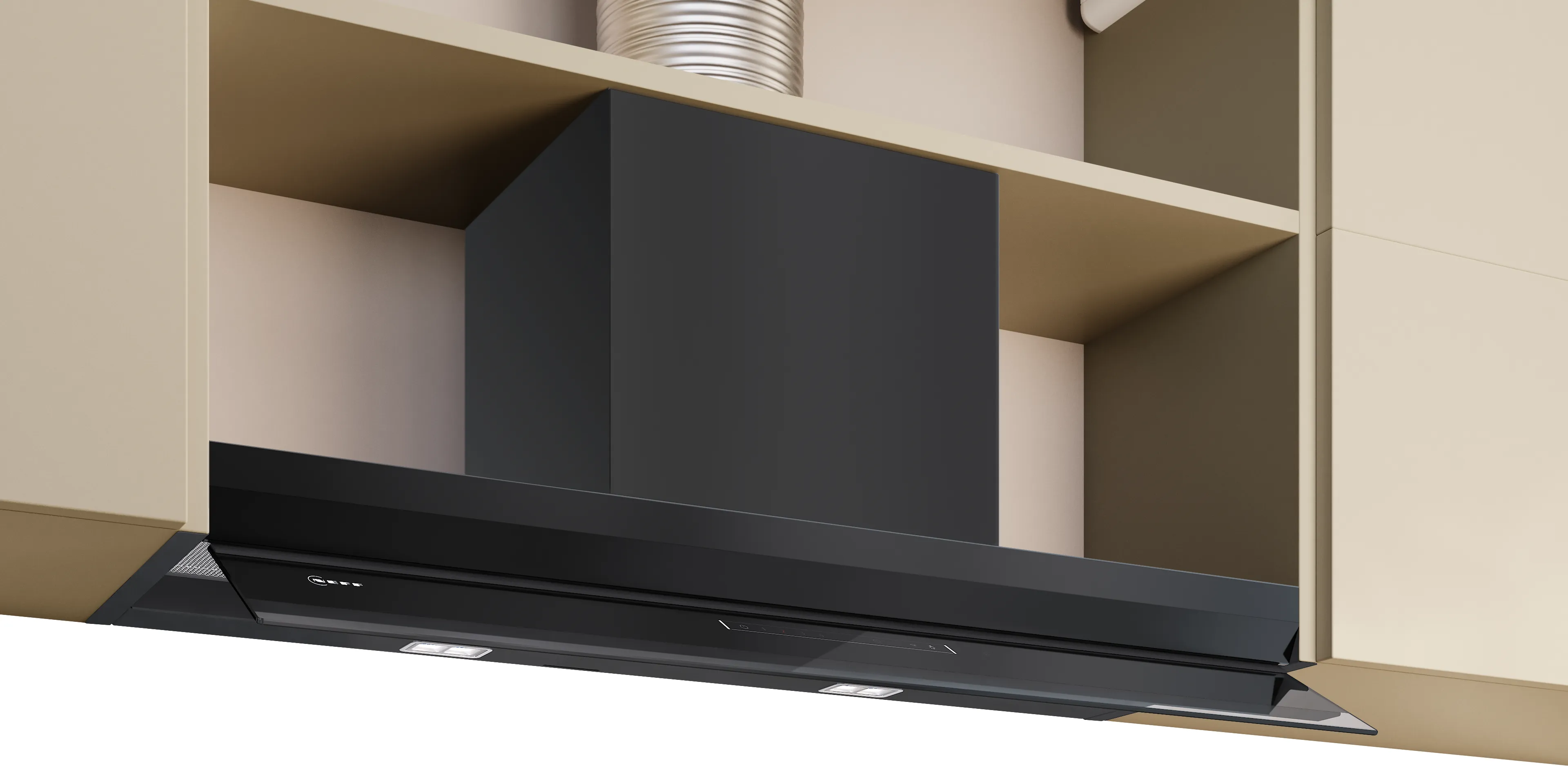 N 70 Интегриран аспиратор кубче 90 cm прозрачно стъкло, черен печат, Матово черно 