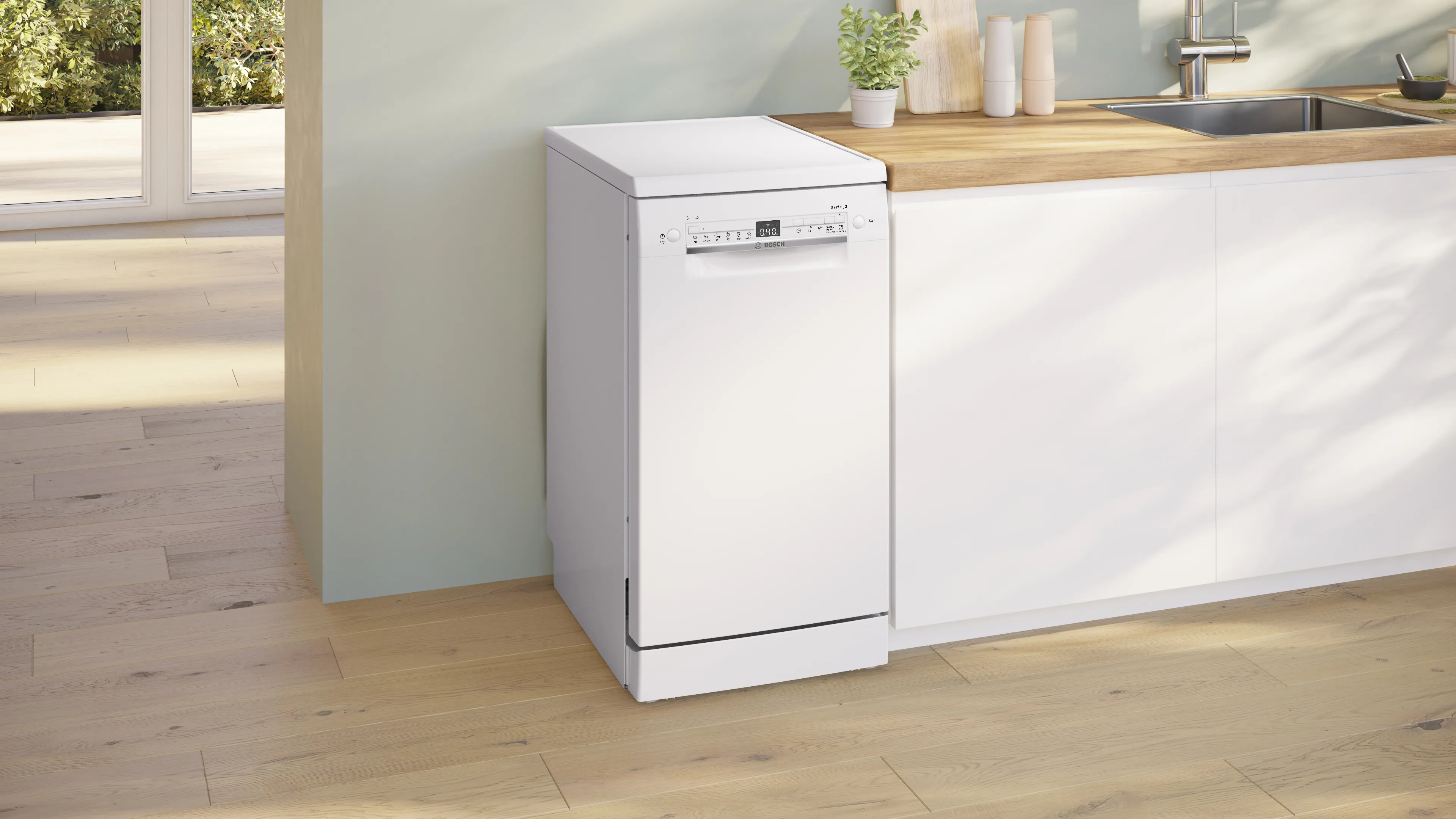 Compact 45-cm Bosch freestanding dishwasher, ideal for limited spaces while offering efficient cleaning performance.