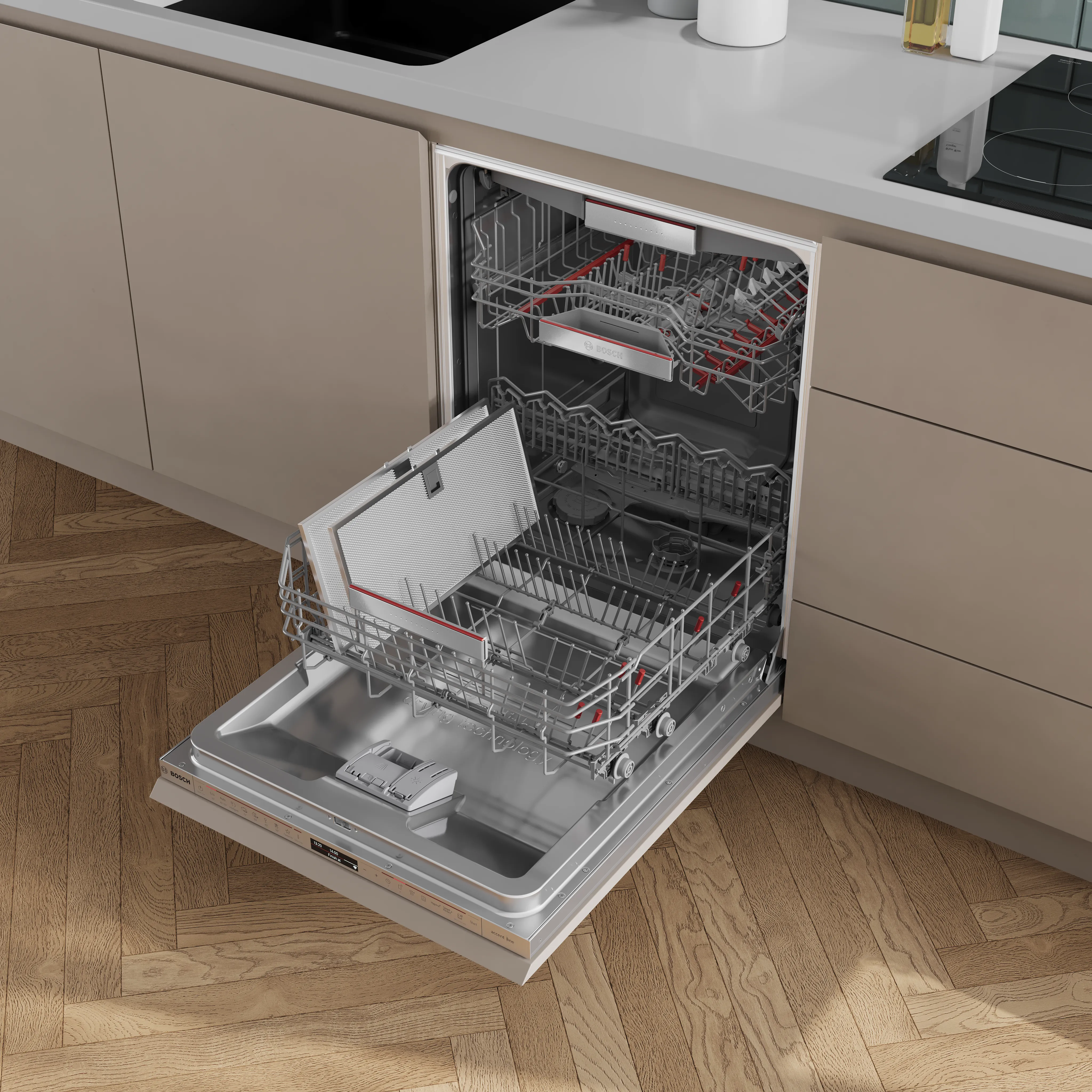 open Bosch Dishwasher with bottom rack out