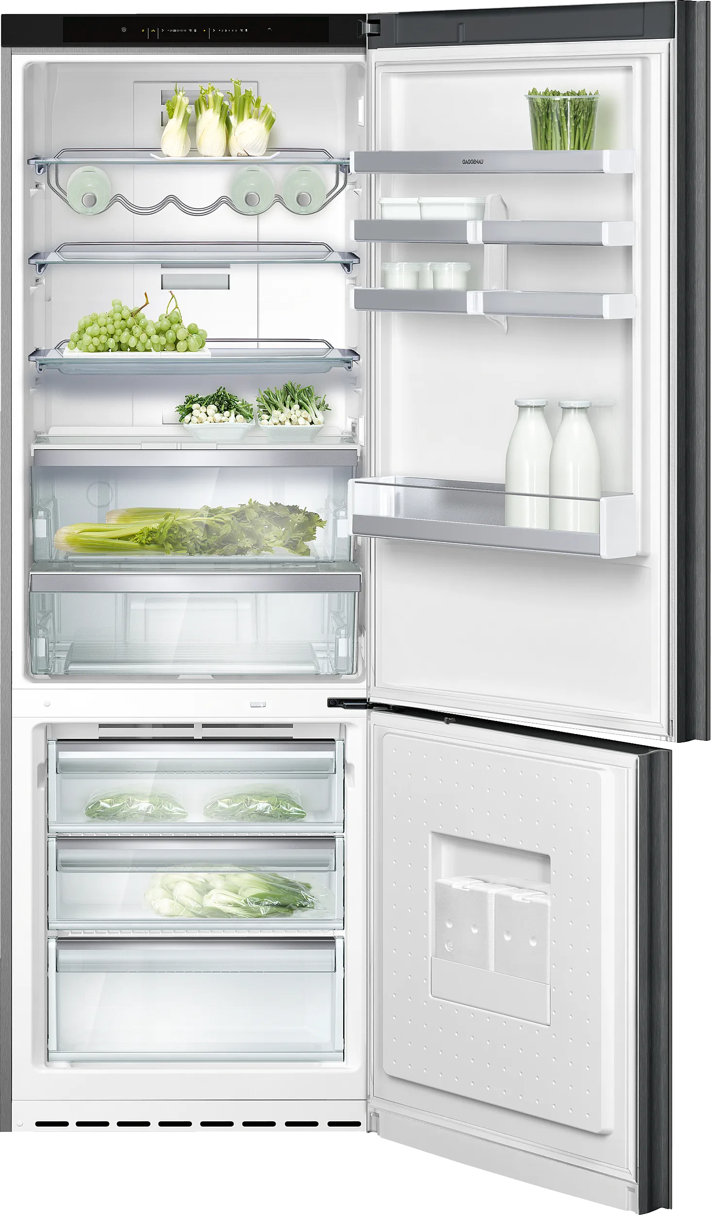 200 series free-standing fridge-freezer with freezer at bottom, glass door 200 x 70 cm edelstaal 