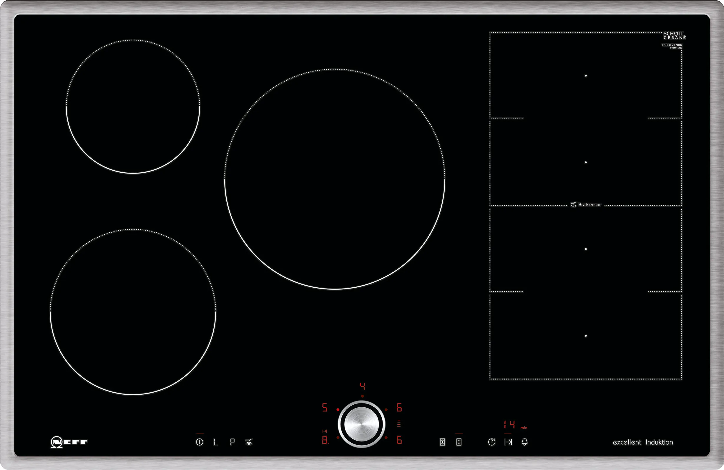 N 70 Induktionskochfeld 80 cm Schwarz, Mit Rahmen aufliegend