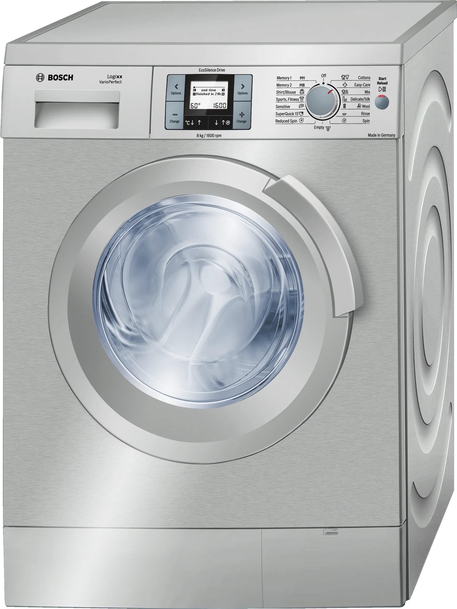 Series 8 washing machine, frontloader fullsize 8 kg 1600 rpm, Silver inox 