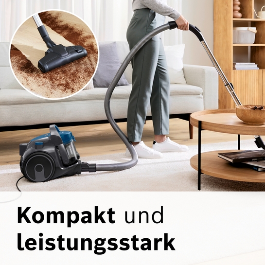 BOSCH Bodenstaubsauger Serie 2 BGC05A220A, Hygiene-Filter, kompakt, platzsparend, leicht, 700 W, beutellos, für Parkett/Teppich/Fliesen, hohe Saugkraft, langes Kabel, blau