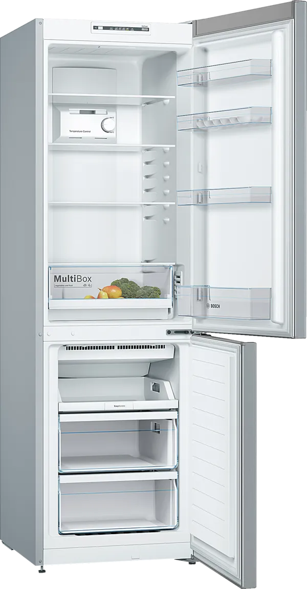 Bosch KGN36NL306 cu ușile deschise, sertar MultiBox și trei sertare de congelare